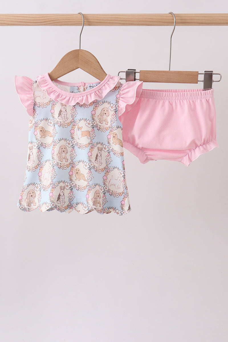 Pink puppy floral ruffle bloomer set