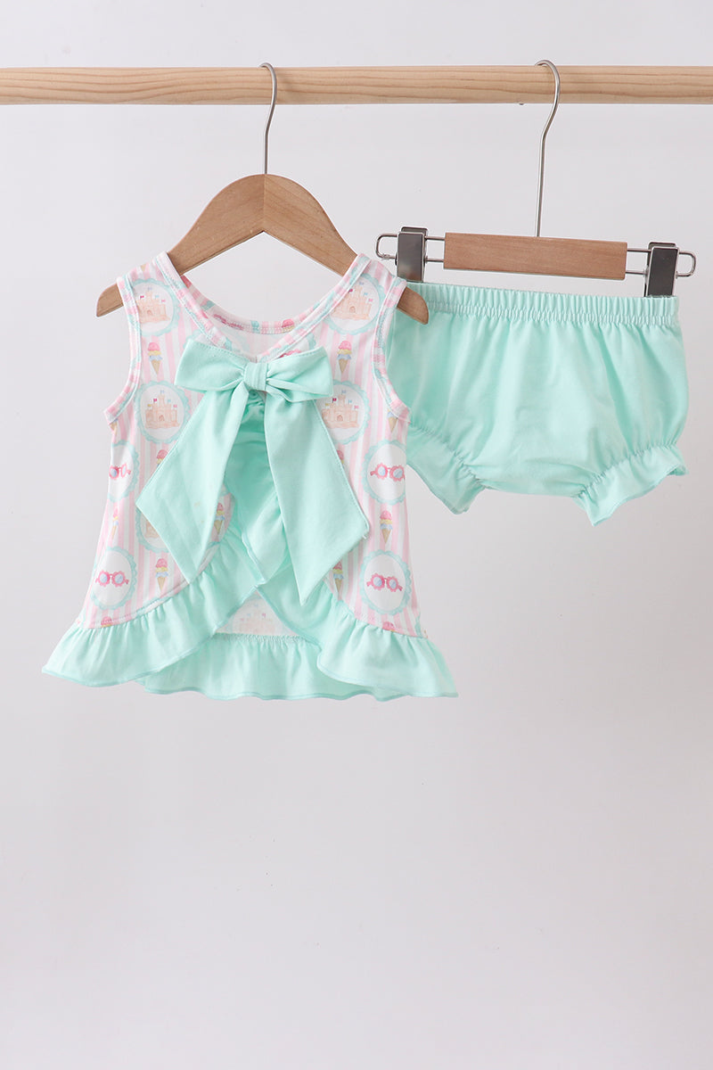 Green castle ice cream smocked ruffle bloomer set