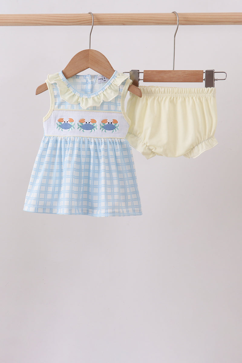 Yellow crab smocked gingham bloomer set