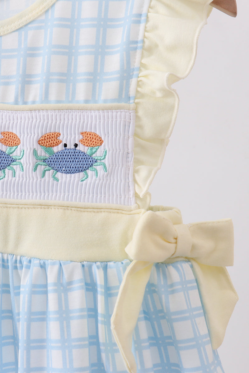Yellow crab smocked gingham ruffle dress