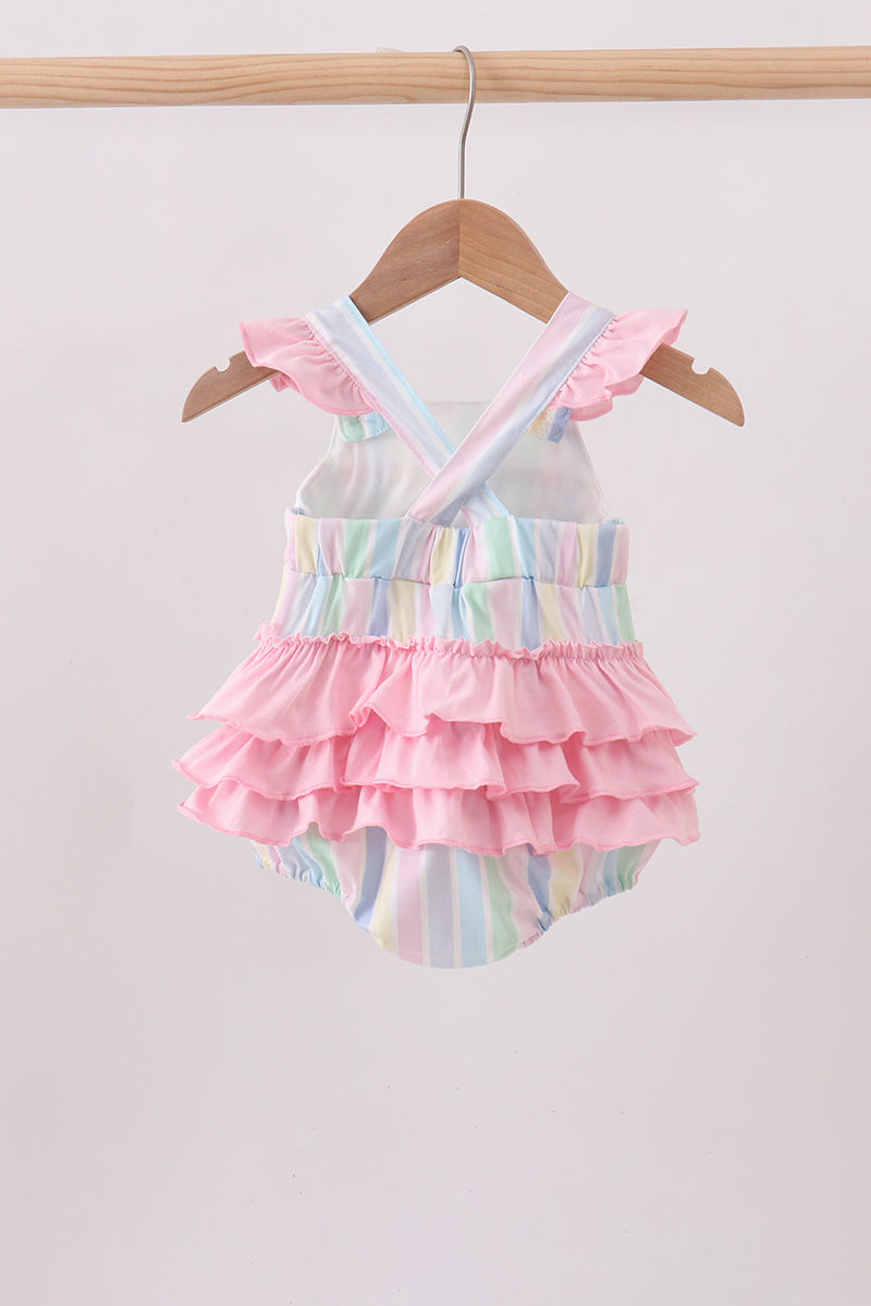 Rainbow stripe butterfly smocked ruffle bubble