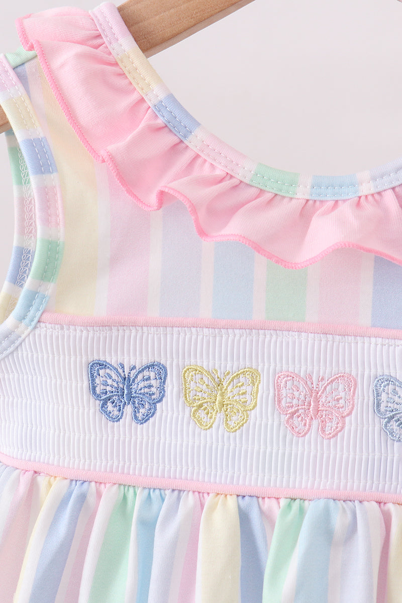 Rainbow stripe butterfly smocked ruffle bloomer set