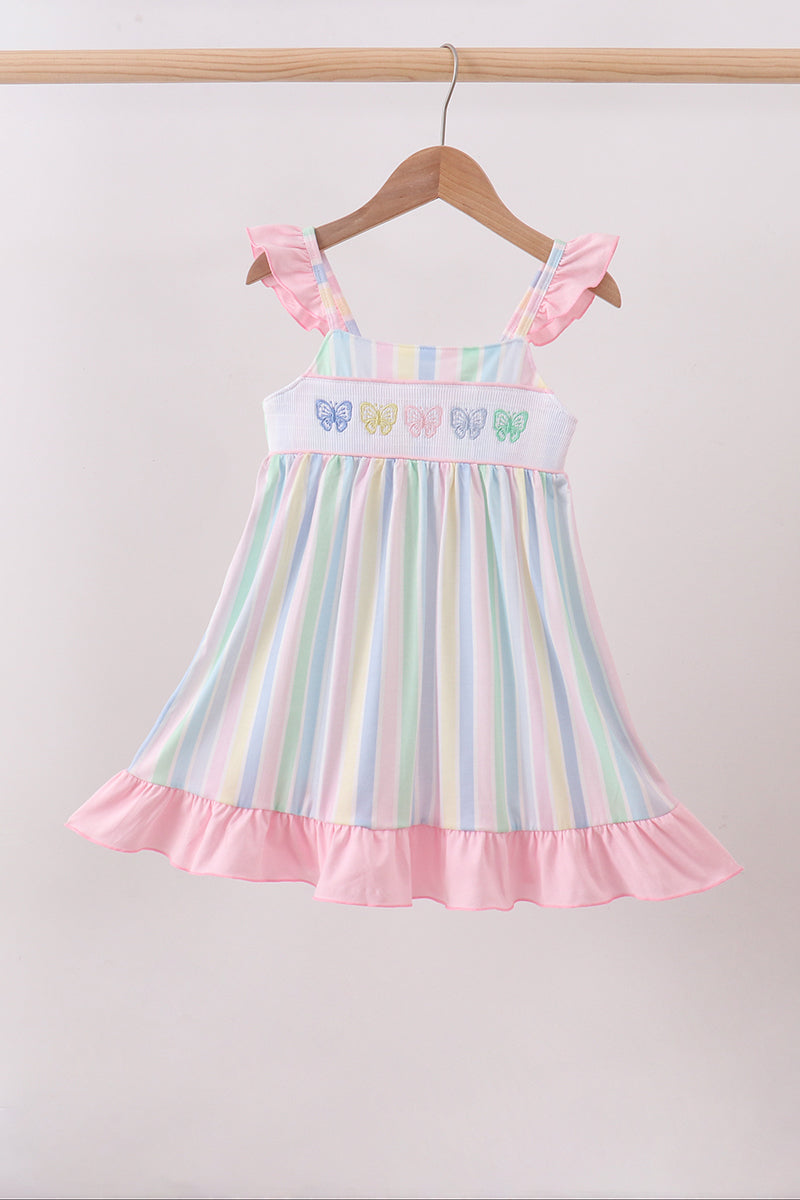 Rainbow stripe butterfly smocked ruffle dress