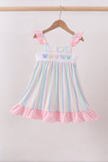 Rainbow stripe butterfly smocked ruffle dress