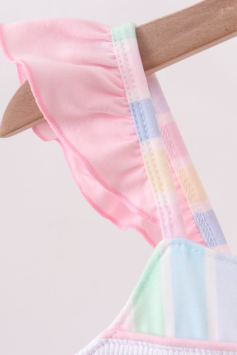 Rainbow stripe butterfly smocked ruffle dress