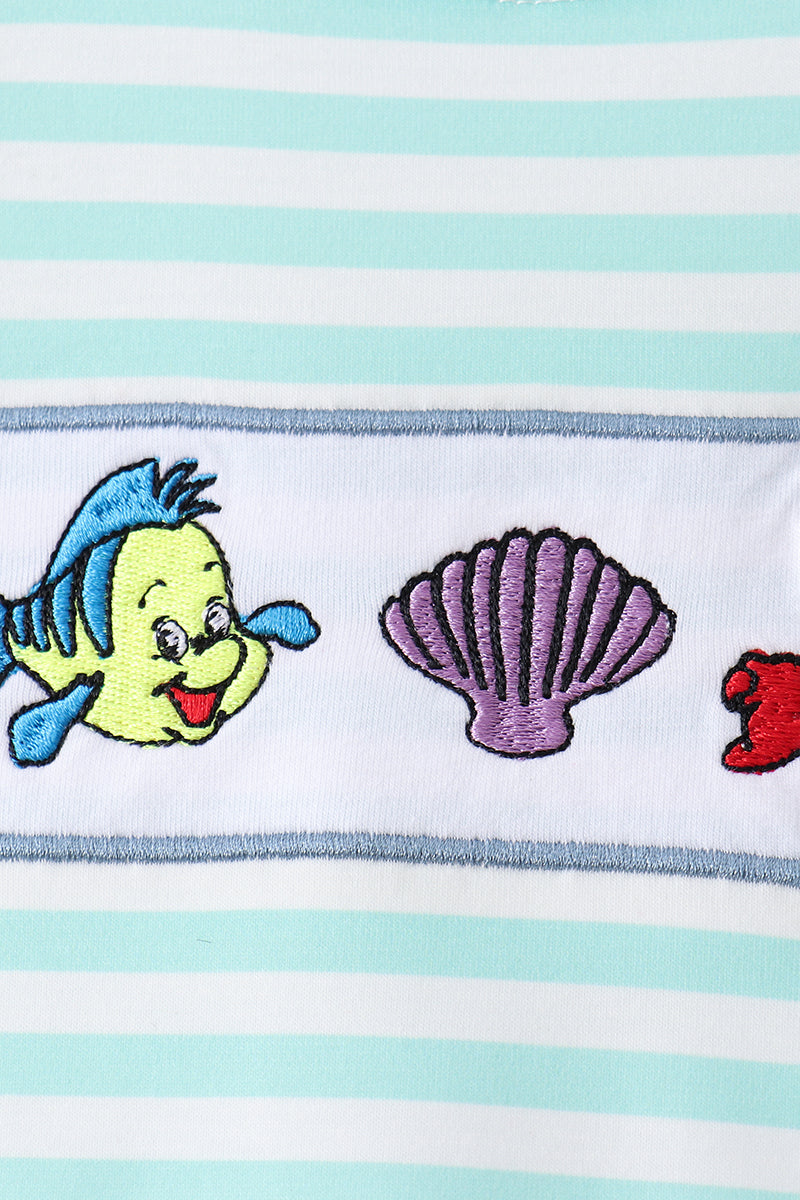 Blue Stripe Under the Sea Embroidered Set