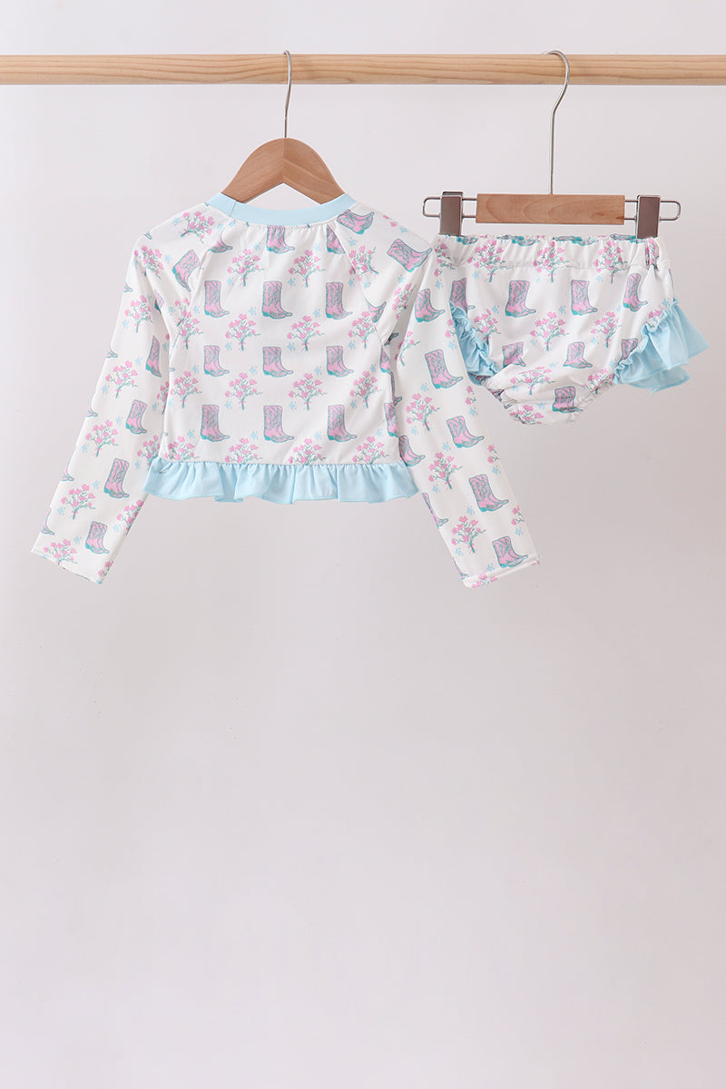 Blue Boots Ruffle Rashguard Set