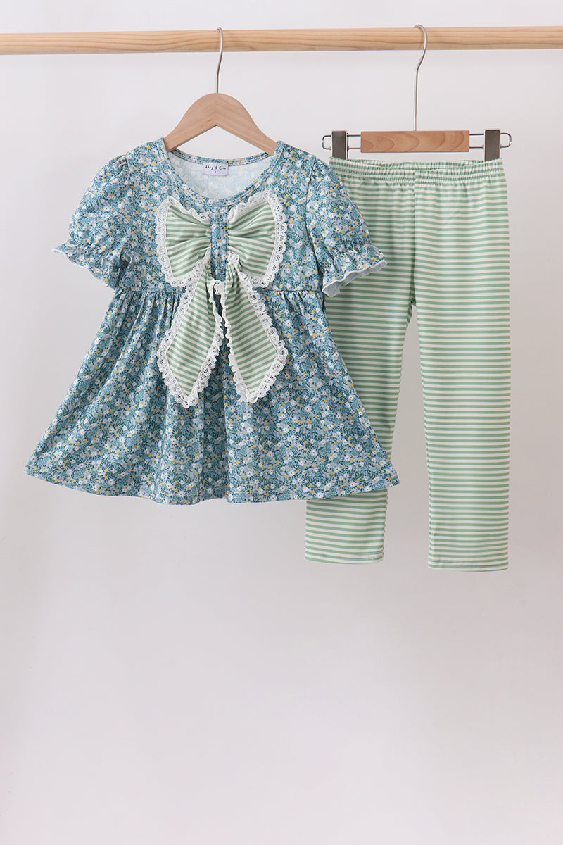Teal Floral Lace Bow Pants Set
