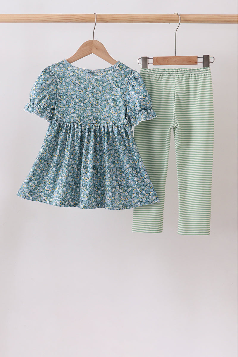Teal Floral Lace Bow Pants Set