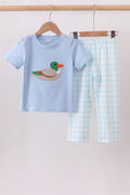 Blue Mallard Applique Gingham Pants Set