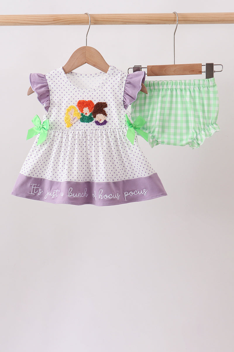 Purple Hocus pocus french knot ruffle bloomer set