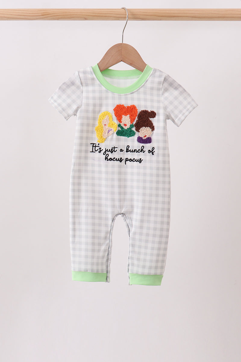 Green Hocus pocus french knot gingham romper