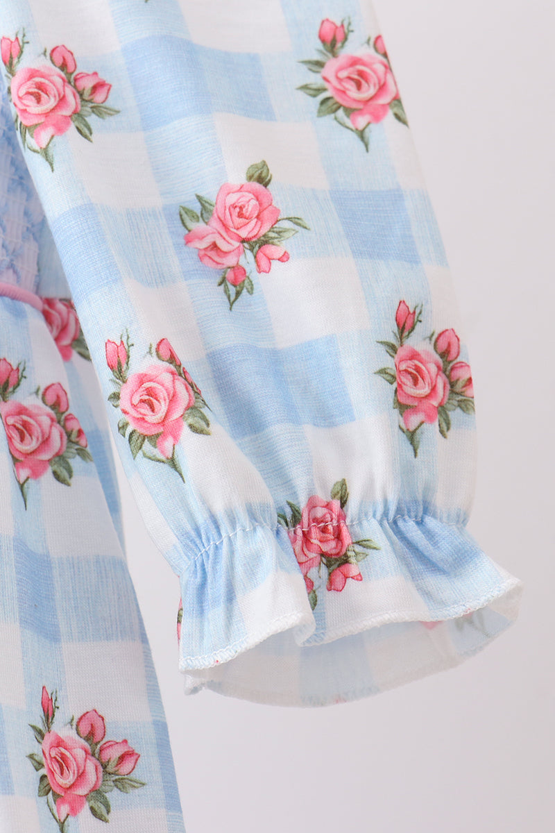 Blue Bow Smocked Floral Gingham Bubble