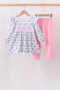 Blue Bow Smocked Gingham Pants Set