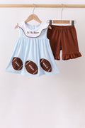Blue Stripe Football French Knot Ruffle Shorts Set
