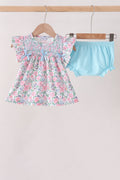 Blue Floral Smocked Ruffle Bloomer Set