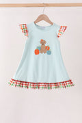 Blue Puppy Pumpkin Embroidery Gingham Ruffle Dress