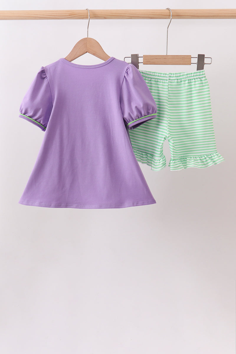 Purple witch applique stripe ruffle shorts set