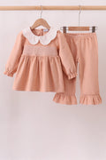 Coral Corduroy Smocked Ruffle Pants Set