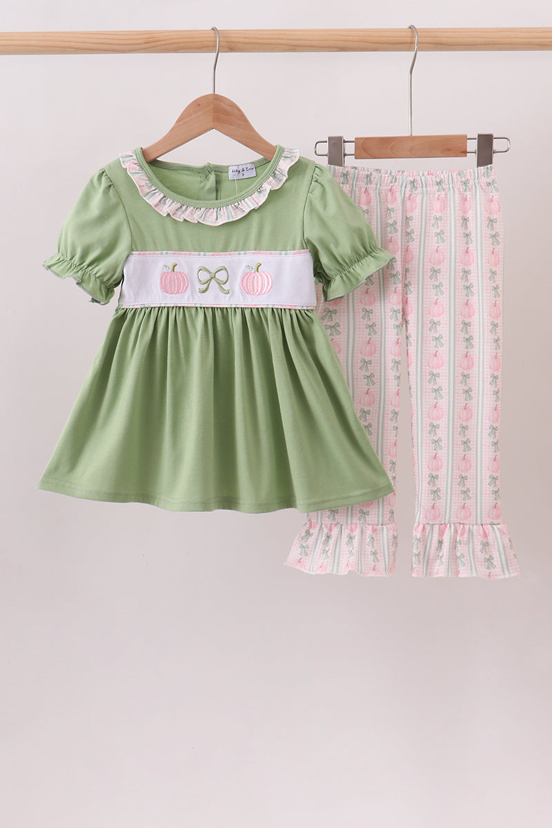 Sage Pumpkin Bow Embroidery Ruffle Pants Set