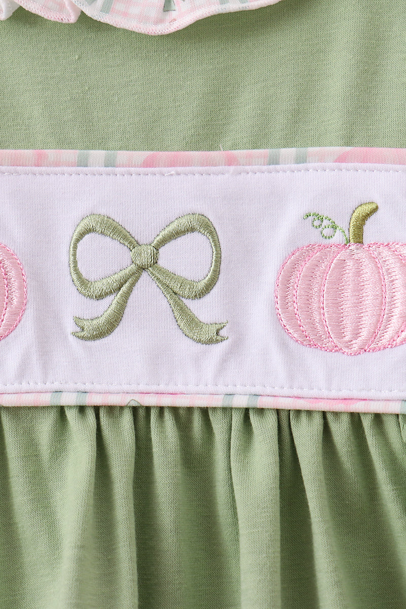 Sage Pumpkin Bow Embroidery Ruffle Pants Set