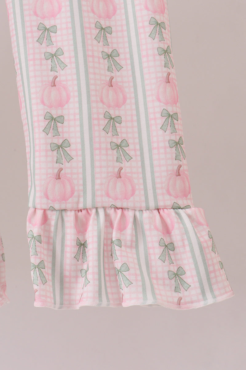 Sage Pumpkin Bow Embroidery Ruffle Pants Set