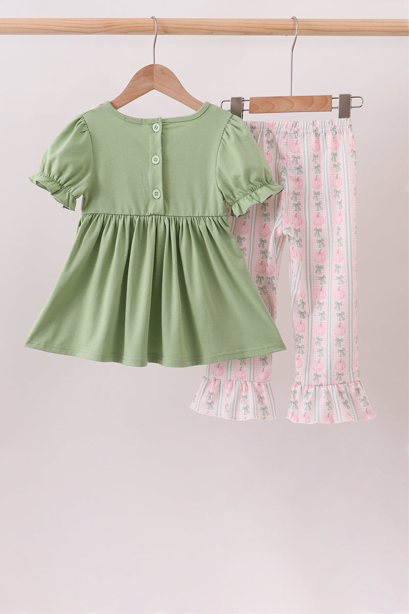 Sage Pumpkin Bow Embroidery Ruffle Pants Set