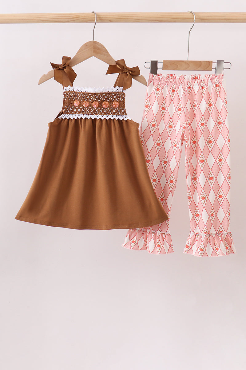 Brown Pumpkin Smocked Lace Set