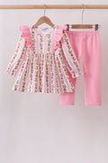 Pink Rose Stripe Ruffle Pants Set