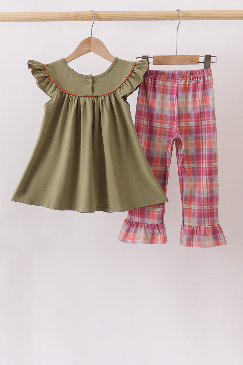 Camel Pumpkin Embroidery Plaid Dress