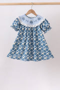 Blue pumpkin bow smocked lace dress