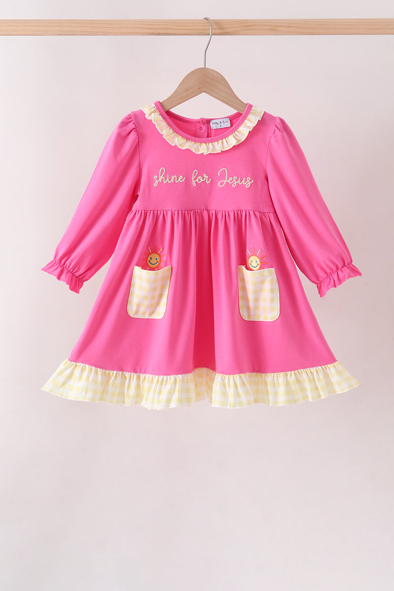 Pink Shine for Jesus Embroidery Pocket Ruffle Dress