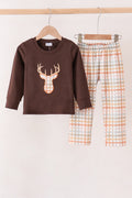 Brown deer applique plaid pants set
