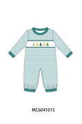 Green Christmas Tree Embroidery Stripe Romper