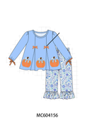 Blue pumpkin applique ruffle pants set