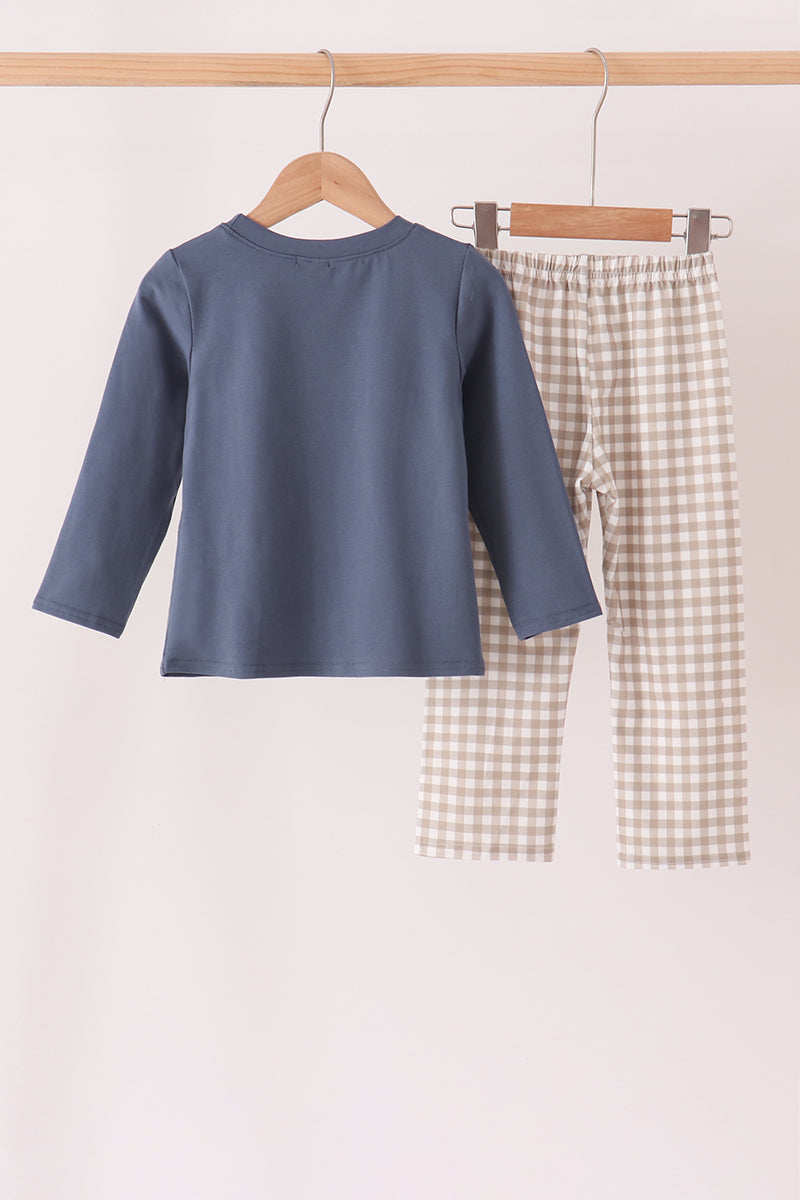Teal Cotton Embroidery Gingham Pants Set