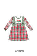 Green merry christmas embroidery plaid ruffle dress