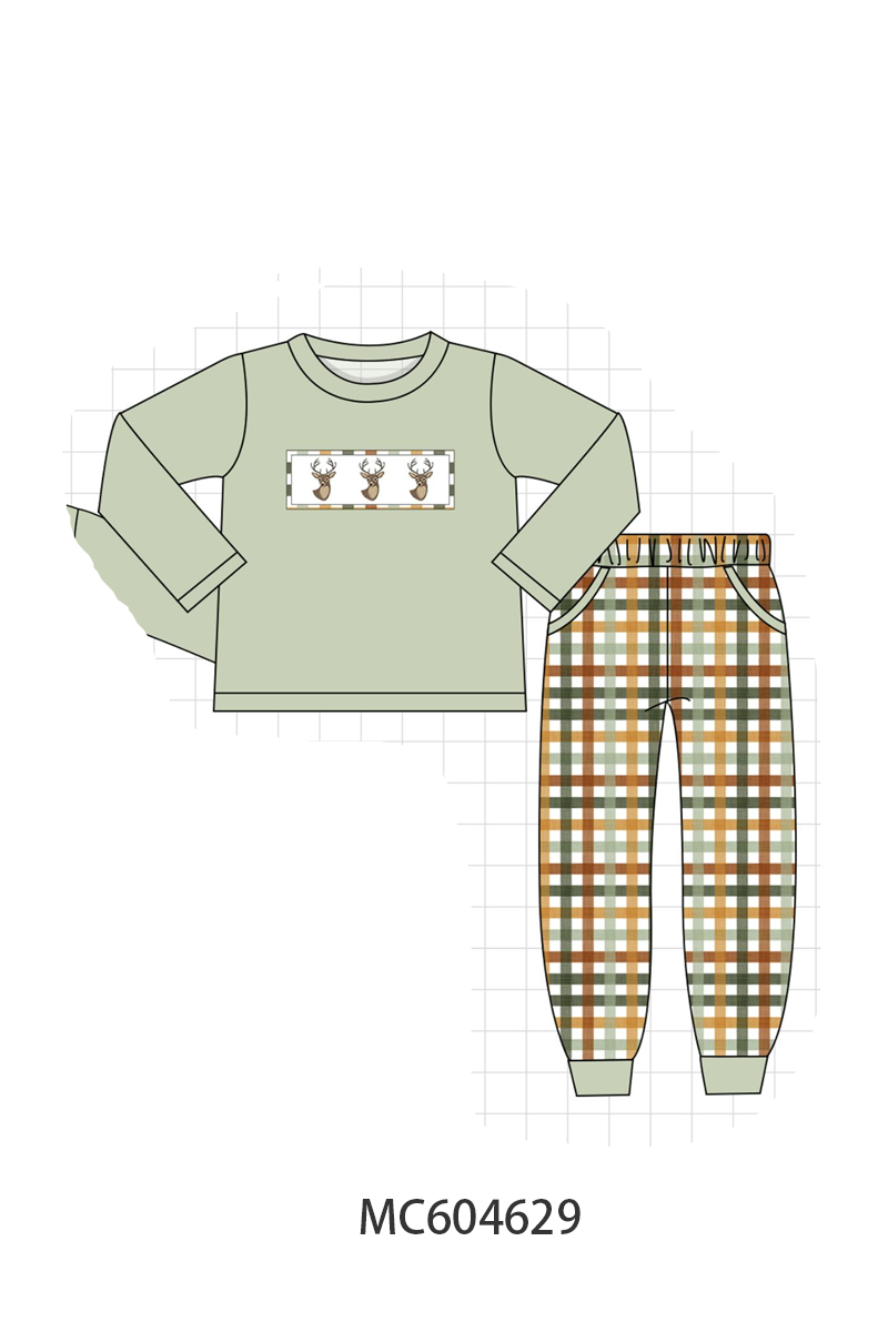 Sage deer embroidery plaid pants set