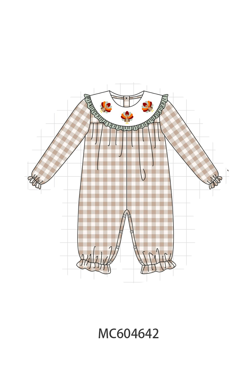 Brown Turkey Embroidery Gingham Ruffle Romper