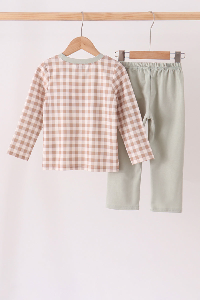 Brown turkey embroidery gingham pants set