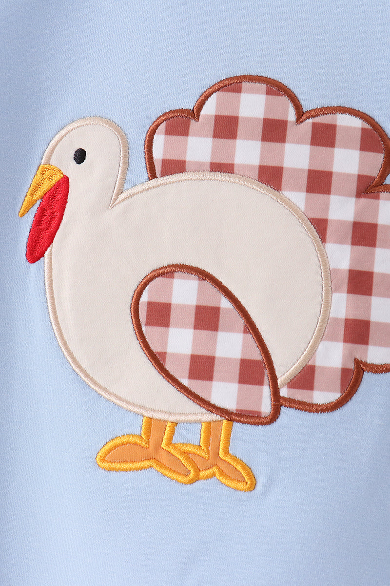 Blue Turkey Applique Gingham Pants Set