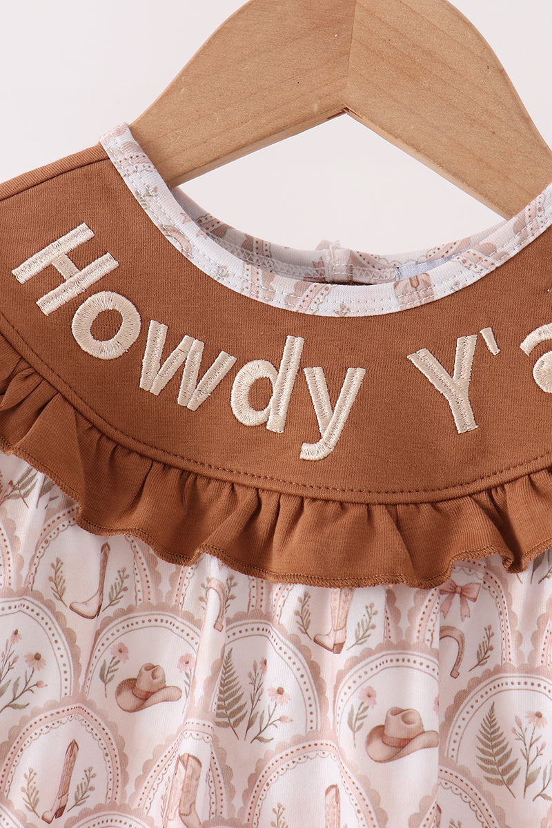 Brown Howdy Y'all Embroidery Ruffle Bubble
