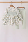 Sage Floral Smocked Ruffle Pants Set