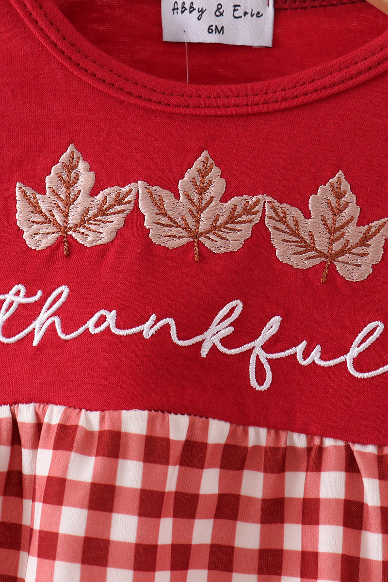 Maroon Thankful Leaves Embroidey Gingham Bubble