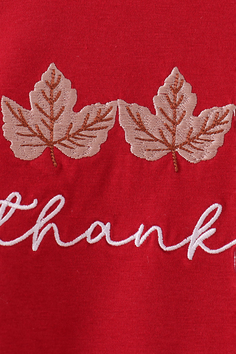 Maroon Thankful Leaves Embroidey Gingham Pants Set