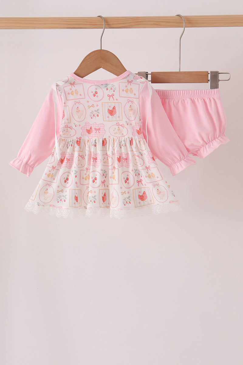 Pink Chicken Embroidery Bloomer Set