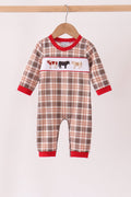 Brown Cow Embroidery Plaid Romper
