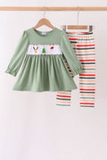 Green Reindeer Tree Embroidery Pants Set