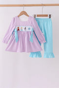 Purple Stripe Frozen Embroidery Ruffle Pants Set