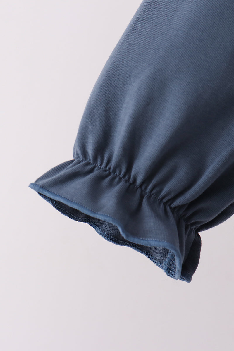 Blue Nativity Embroidery Ruffle Pants Set